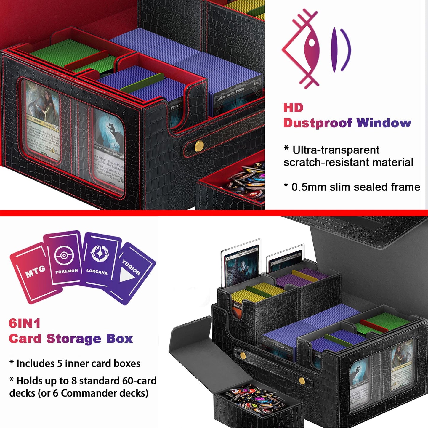 ArtBoutiq Commander Deck Box for MTG 6-Deck Modular Card Case with Dice Tray Holds 600+ Double-sleeved Cards Removable Trading Cards Storage Box with 35PT Magnetic Card Holders for TCG Black