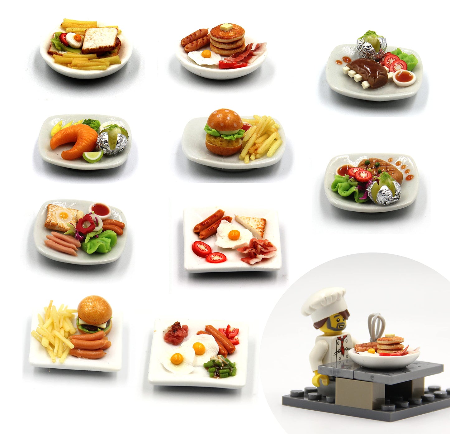 Mixed 10 Assorted Breakfast Set - Miniature Food, Tiny Food for Decoration Dollhouse, Doll House, Diorama (scale 1:24, 1/24)