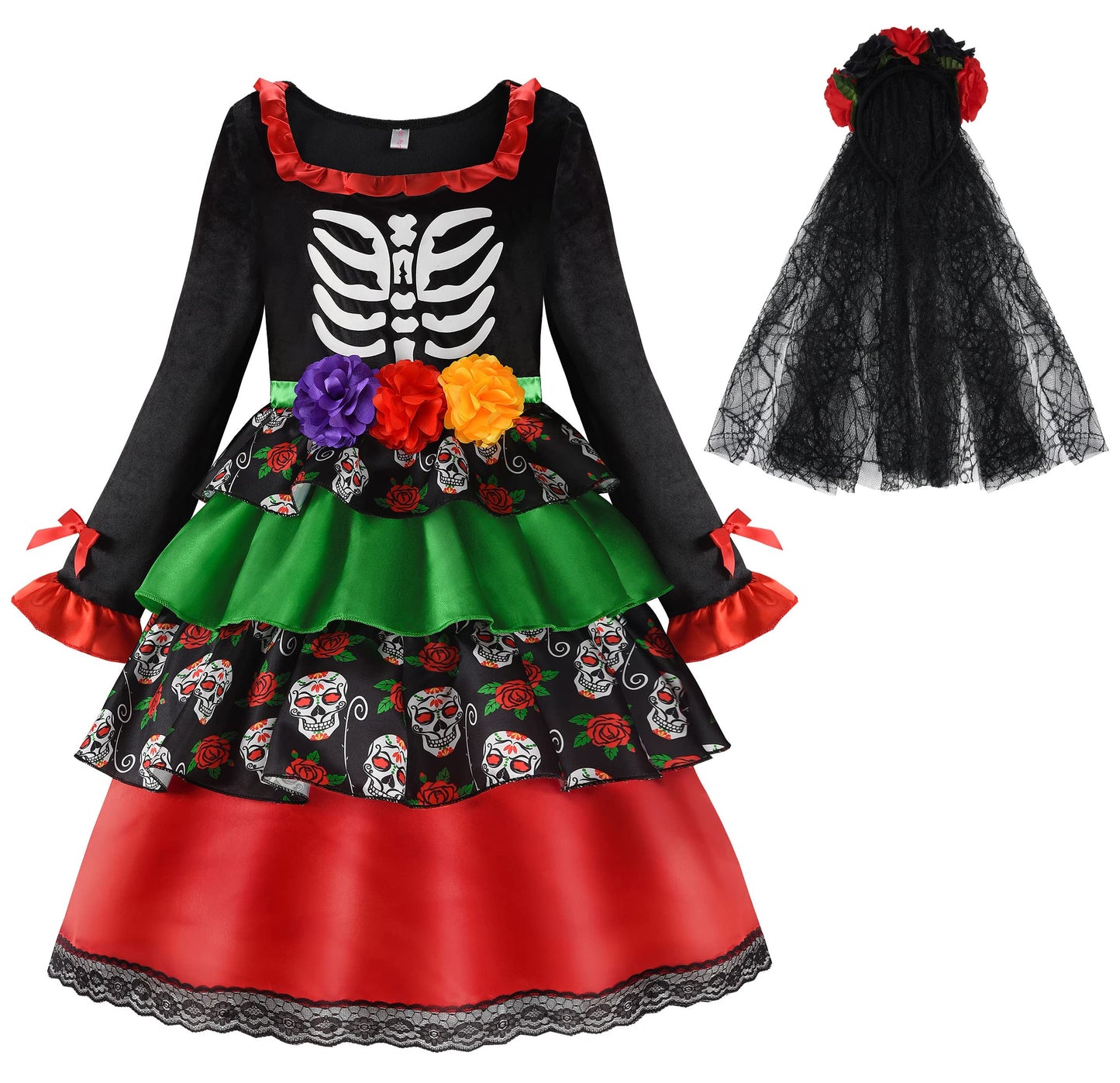 Relibeauty Kids Day Of The Dead Costume For Girls Sugar Skull Costume With Flower Headband 150