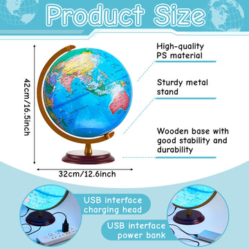 Amylove 13'' Illuminated World Globe With Stand 720/360 Rotation Rewritable Light Up Globe For Kid World Map For Interactive Lea