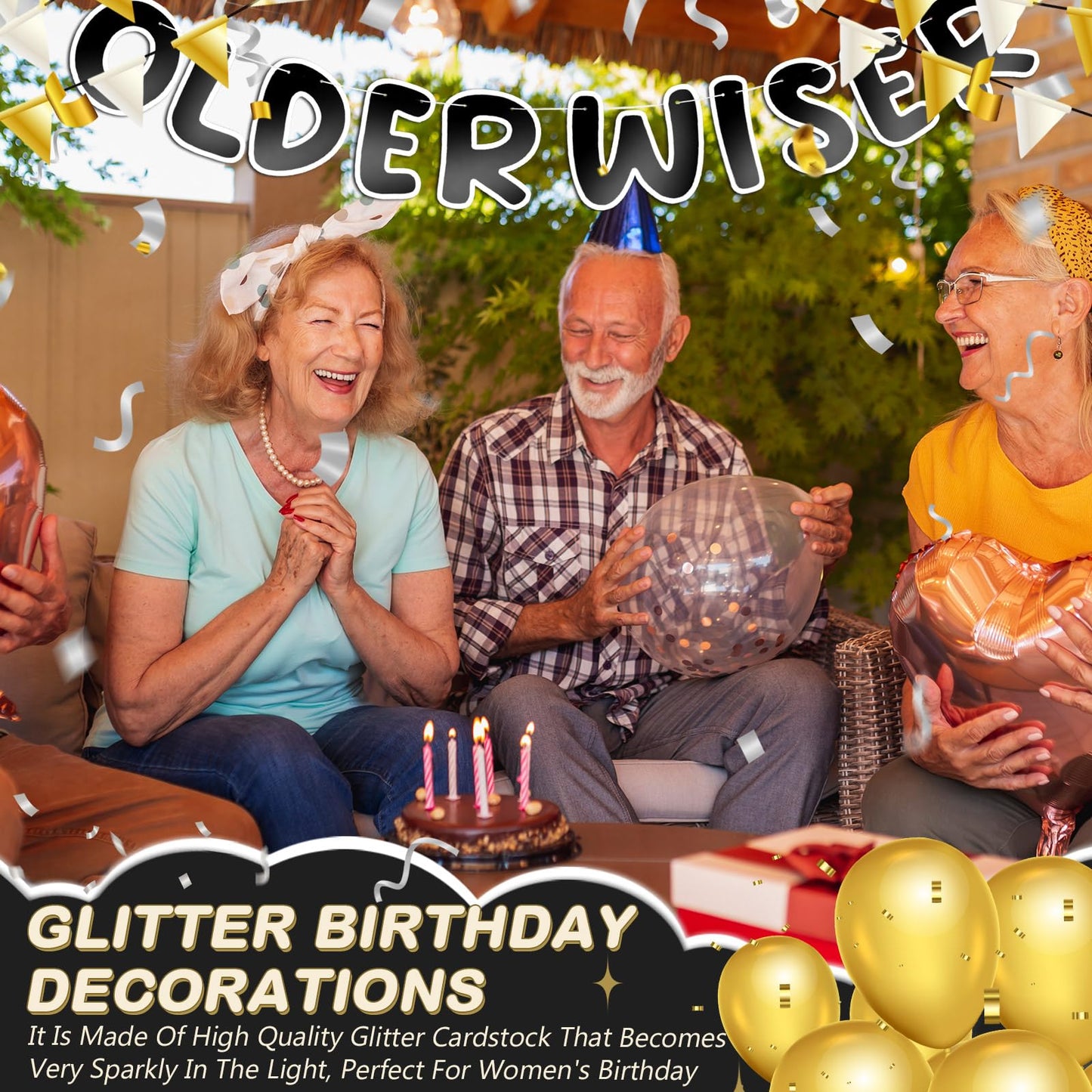 Fulmoon Set of 3 Pre Strung Older Wiser Hotter Glitter Banner Funny Birthday Banner for Women 30th 40th 50th 60th 70th 80th Birt
