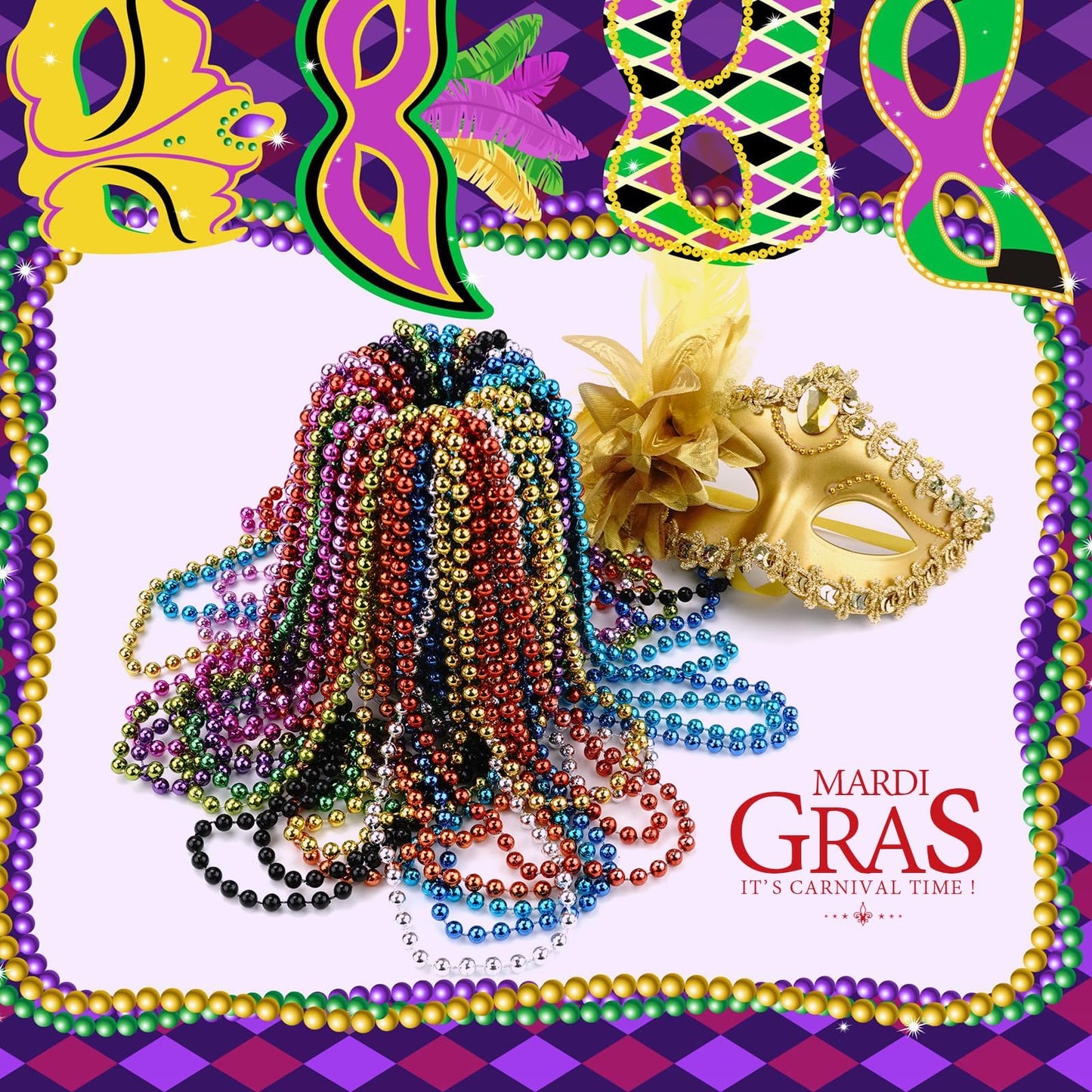 YAXINRUI 72 PCS Metallic Bead Necklaces, 33 Inch 7 mm Mardi Gras Beads Bulk Round Beaded Necklaces Costume Necklace for Mardi Gr