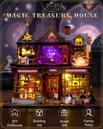 Ourmiao Diy Miniature House Kit Magic Treasure House, Mini Doll House Building Kit With Led Lights Furniture, Miniature Dollhous