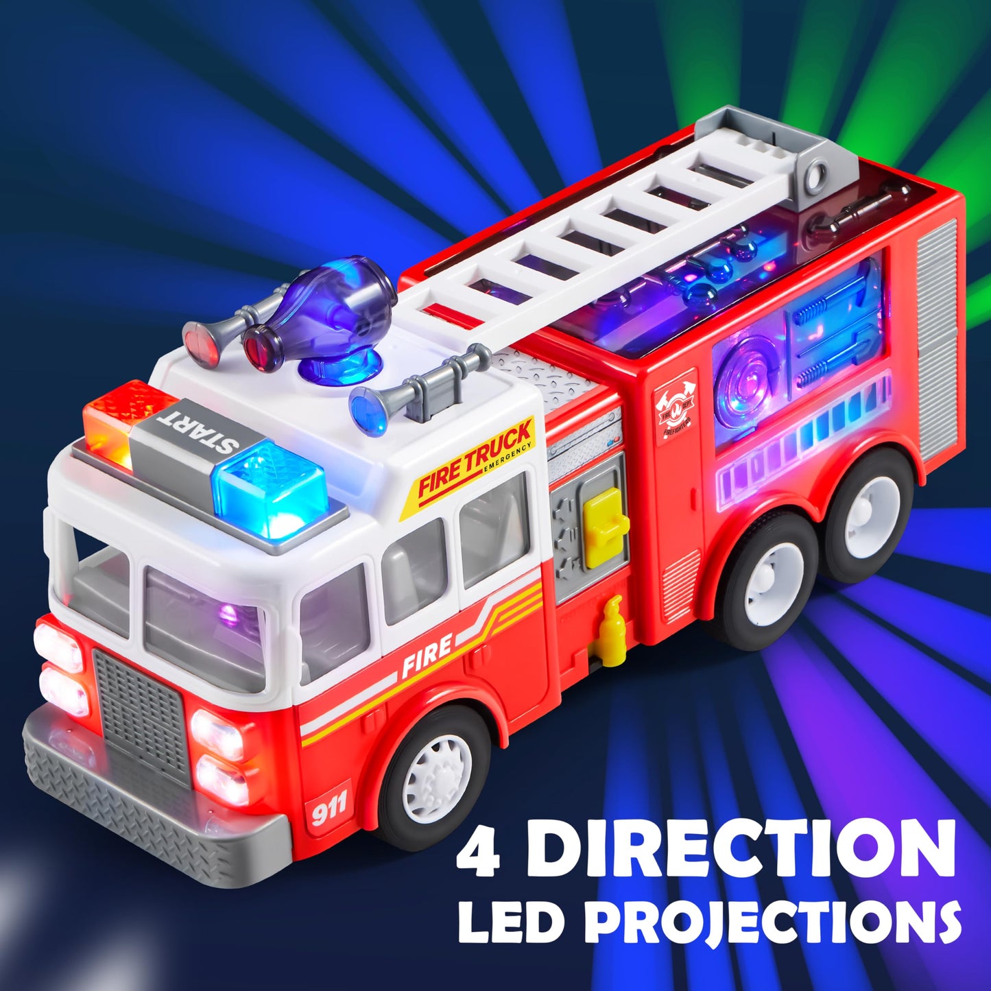 JOYIN LED Fire Truck Toy for Toddlers - LED Projections & Sirens, Bump and Go Fire Engine Trucks with Mode Switch & Volume Contr