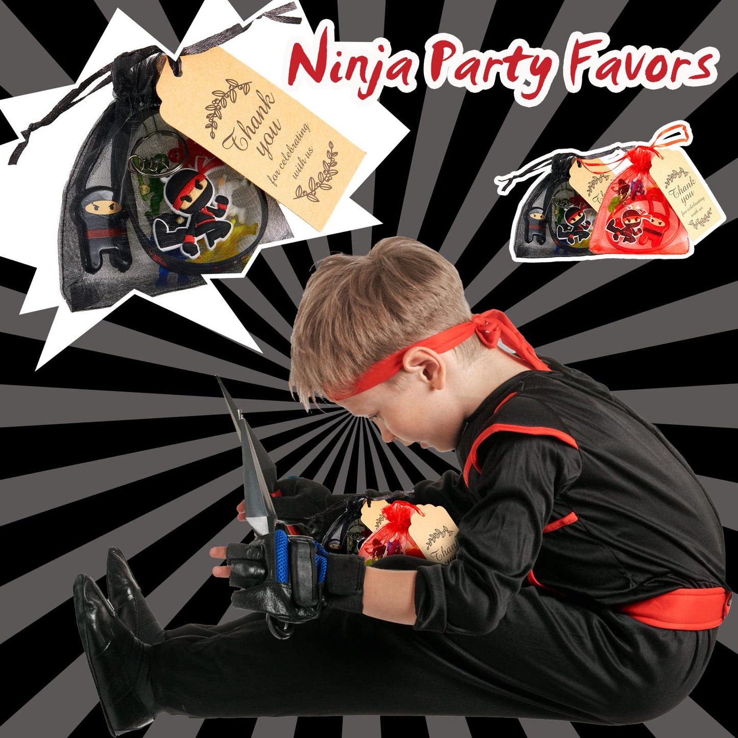 84 Pcs Ninja Party Favors Include 12 Stretchy Flying Ninjas, 24 Mini Ninja Figurines, 12 Ninja Silicone Wristbands, 12 Ninja Key