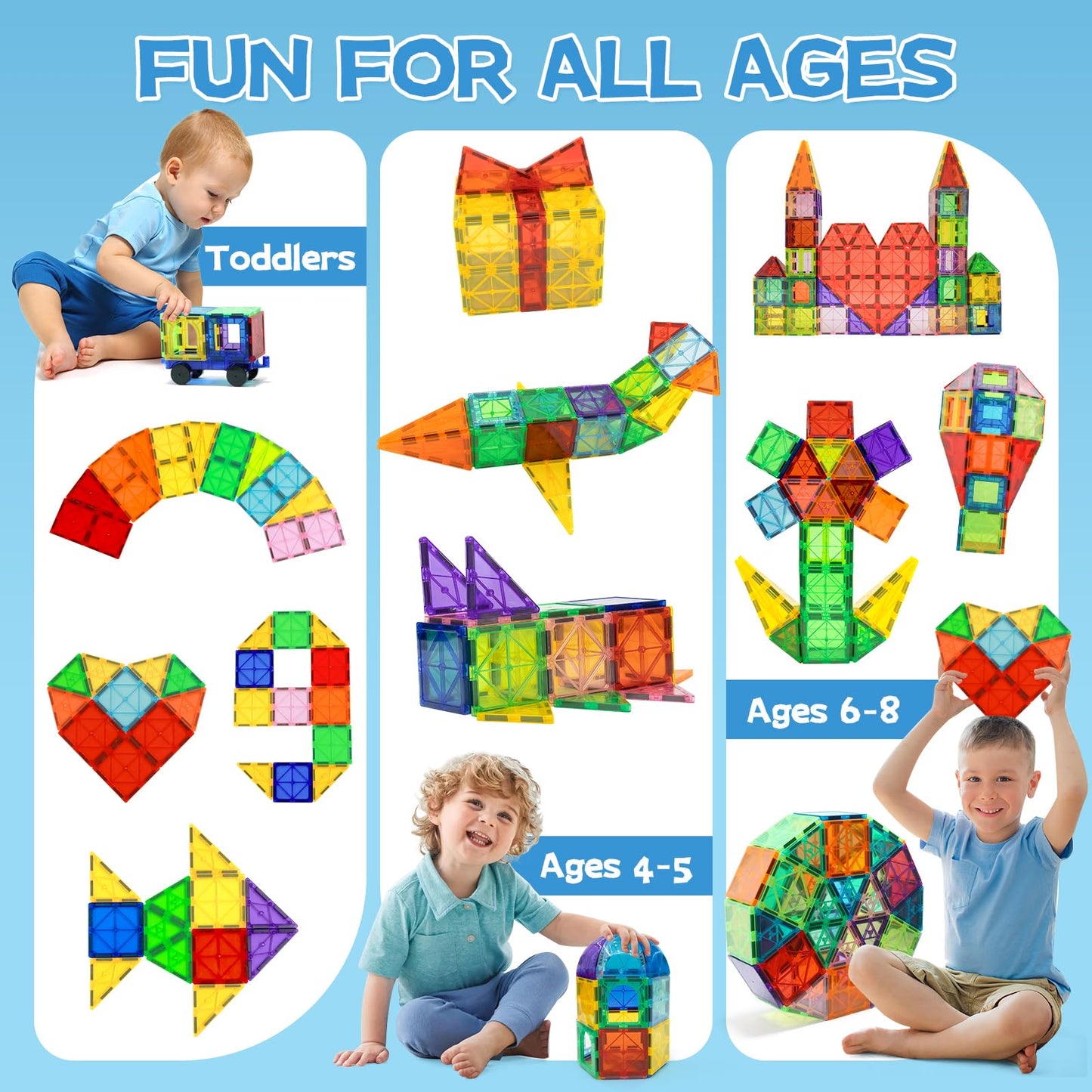 Echoplan Magnetic Tiles,Deluxe 130 Pcs Magnetic Blocks With 2 Cars,Magnet Tiles Building Blocks Set,Stem Preschool Sensory Educa