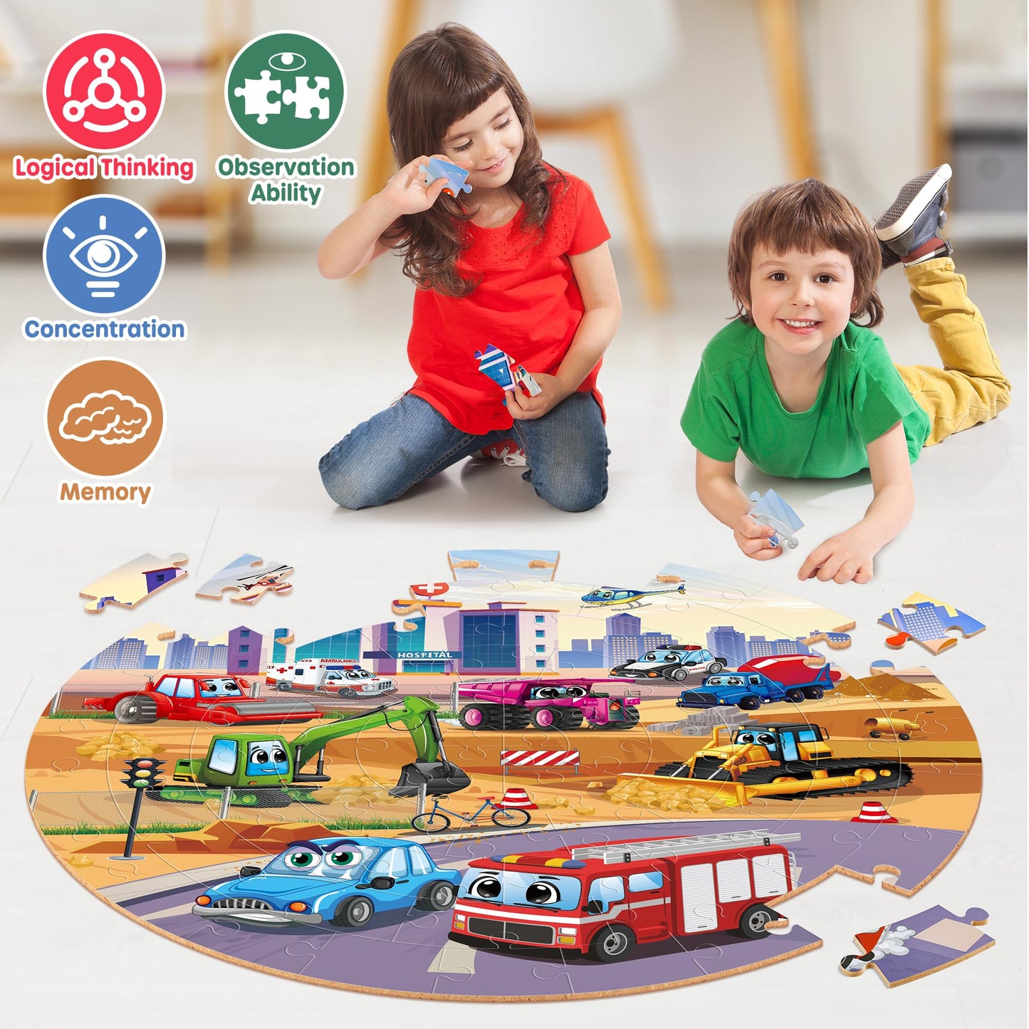 Synarry Vehicle Floor Puzzle For Kids Ages 3-5, Large 70 Piece Puzzle For Kids Ages 4-6, Wooden Floor Puzzle For Kids Ages 4-8, Preschool Toys Gifts For 3 4 5 6 7 8 Years Old Boys Girls Child