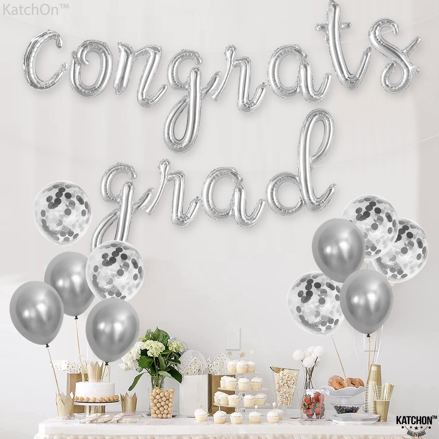 Katchon, Silver Congrats Grad Balloons - Script, 16 Inch | Congratulations Balloons For Graduation Decorations Class Of 2025