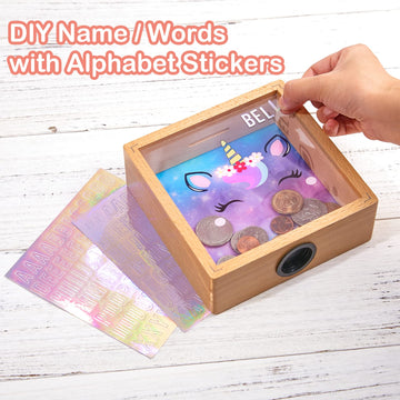 Piggy Bank For Kids, Wooden Money Coin Bank For Boys And Girls, Dinosaur Unicorn Piggy Banks With Diy Stickers For Birthday, Easter Gifts (Purple Blue)