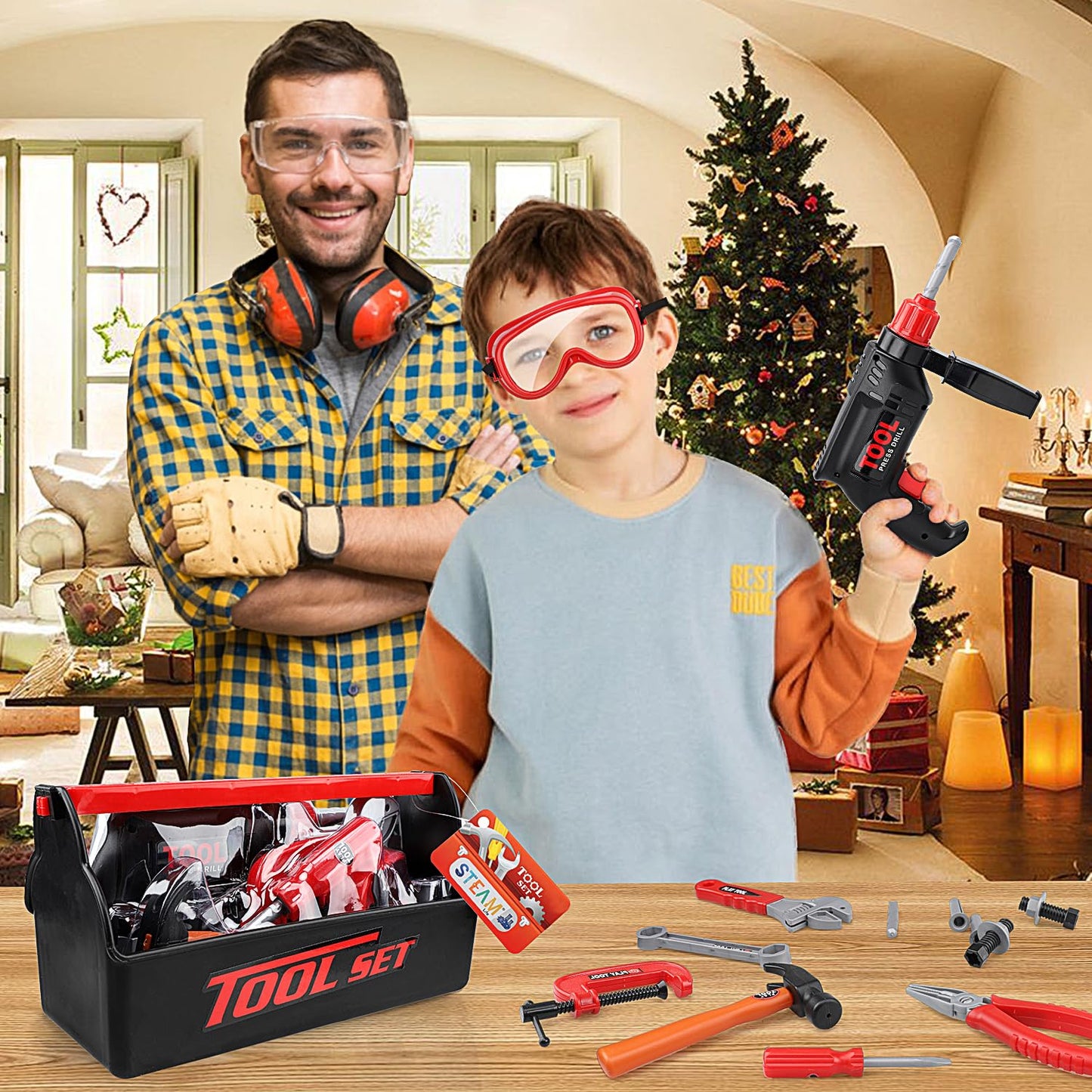 STEAM Life Kids Toddler Tool Set - Toy Tool Set with Electric Toy Drill, Toddler Tool Box, Toy Hammer, Red Manual Drill Tool Pla