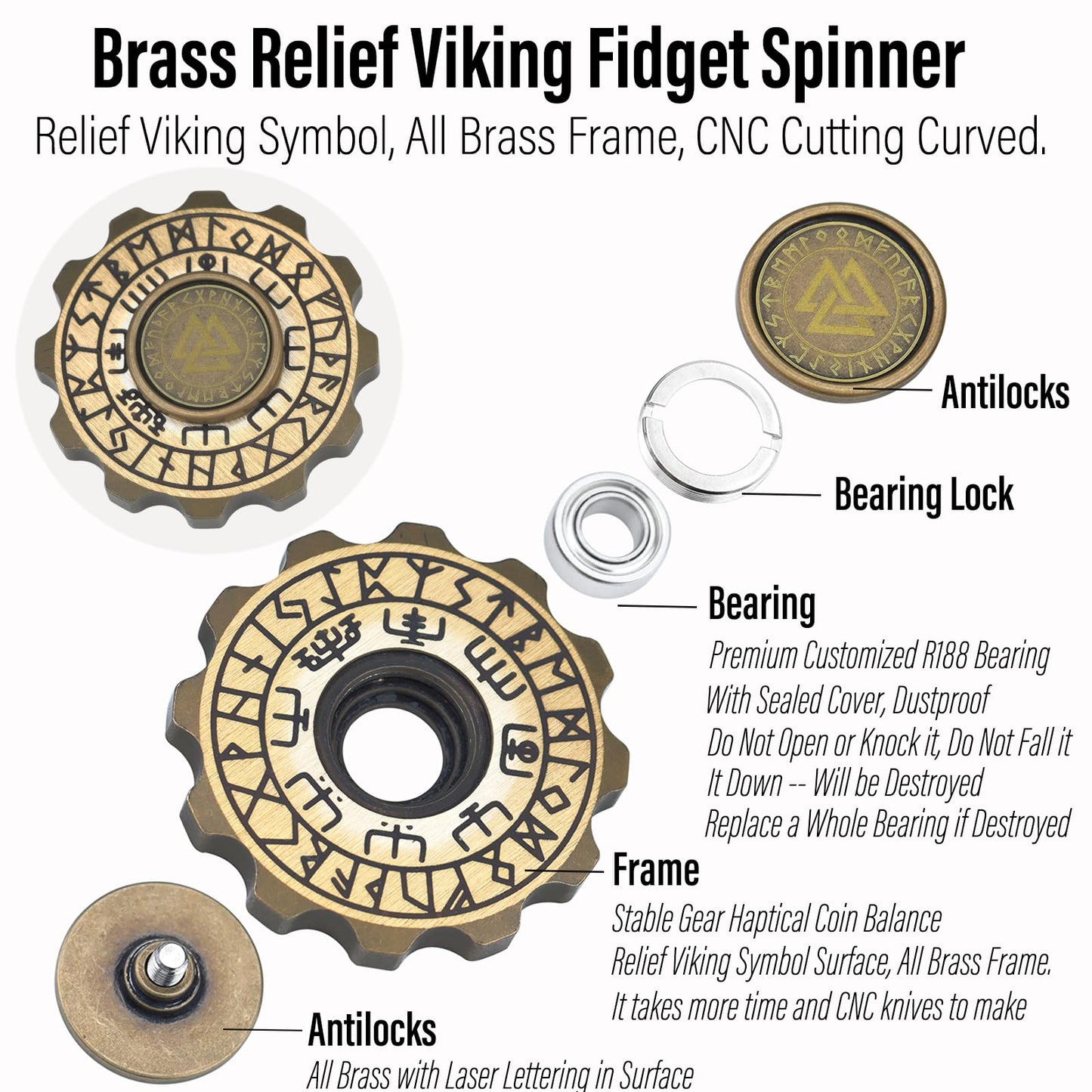 Freelove Viking Pirate Fidget Spinners For Adults, Heavy Metal Figette Spin, Premium Bearing, Silent Long Spinning, Small Gossip Desgin, Brass