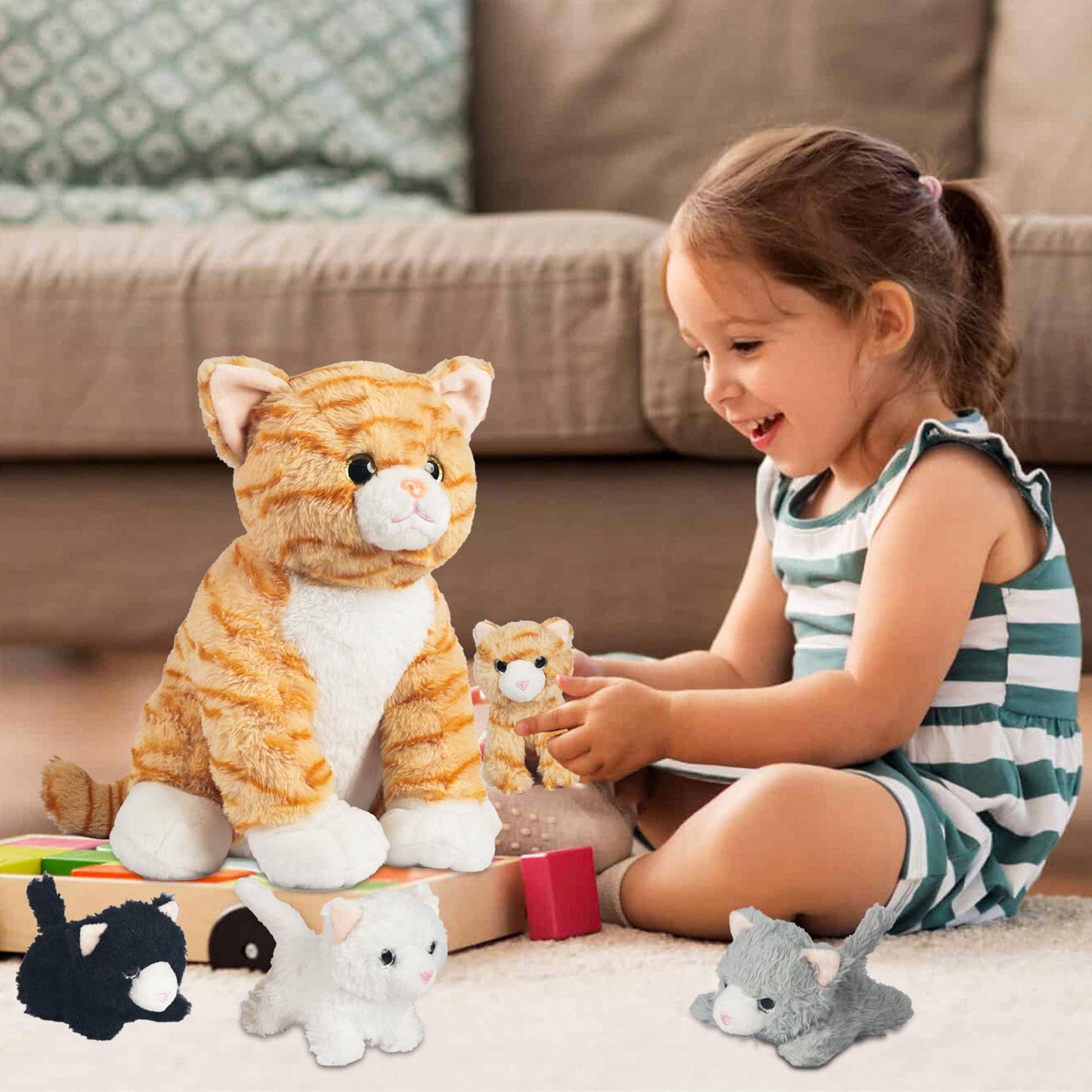 5 Pcs Cat Stuffed Animal With Babies Inside Stuffed Cat Plush Toys Mommy With 4 Plush Kittens Babies In Zippered Belly Cute Stuf