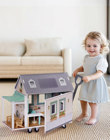 ROBUD Doll House - Wooden Realistic Camper Van Dollhouse with Handle & Wheels, Includes Mini Kitchen, Bar, Bedroom & Outdoor Din