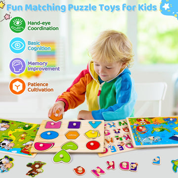 Wooden Peg Puzzles For Toddlers 2 3 4 Year Old, 4 Pack Montessori Toys Preschool Learning Puzzles For Toddlers 1-3 With Animals,