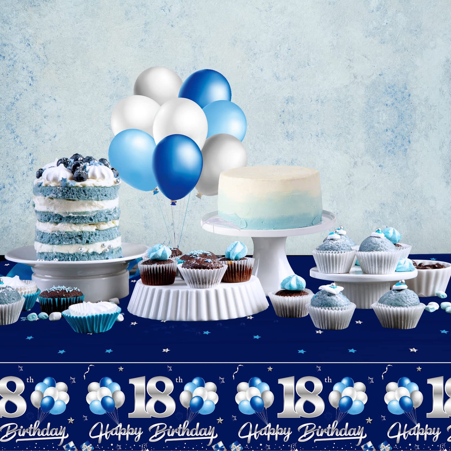 Turypaty 3 Pack Blue Silver 18Th Birthday Tablecloth Decorations For Boy, Navy Blue Happy 18 Table Cover Party Supplies, Eightee