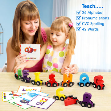 Helsort 27 Pcs Magnetic Wooden Alphabet Train Set, Abc Learning Toy With 42 Flash Cards, 1 Engine And Storage Bag, Educational L