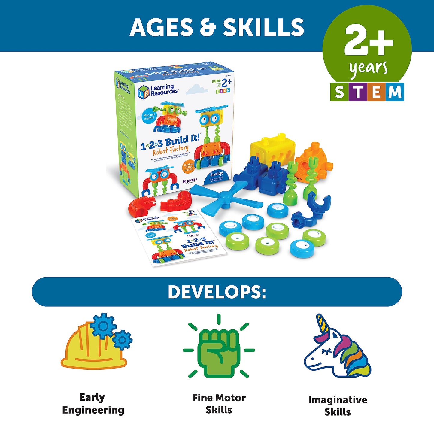 Learning Resources 1-2-3 Build It! Robot Factory, Fine Motor Toy, Robot Building Set For Unisex Children Ages 2+