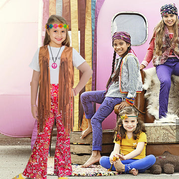 Xonyicos 8 Pcs Girls Kids 60S 70S Hippie Costume Disco Outfits Fringe Vest Boho Bell Bottoms Hippie Outfits Accessories Set (Bro