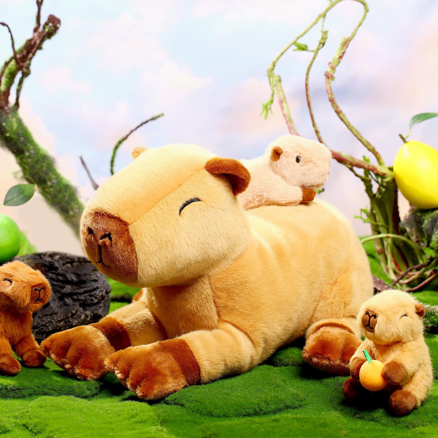 Pullcrease 5 Pcs Capybara Stuffed Animals 15.75'' Capybara Mommy With 4 Cute Babies Set Soft Capybara Plushies For Girls Birthda