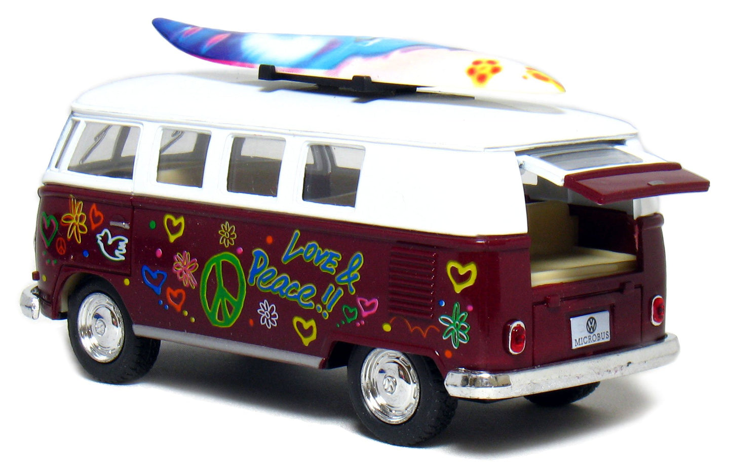 Set of 4 Vehicles: 5'' 1962 VW Classic Van Flowers with Surfboard (Red, Green, Maroon and Yellow)