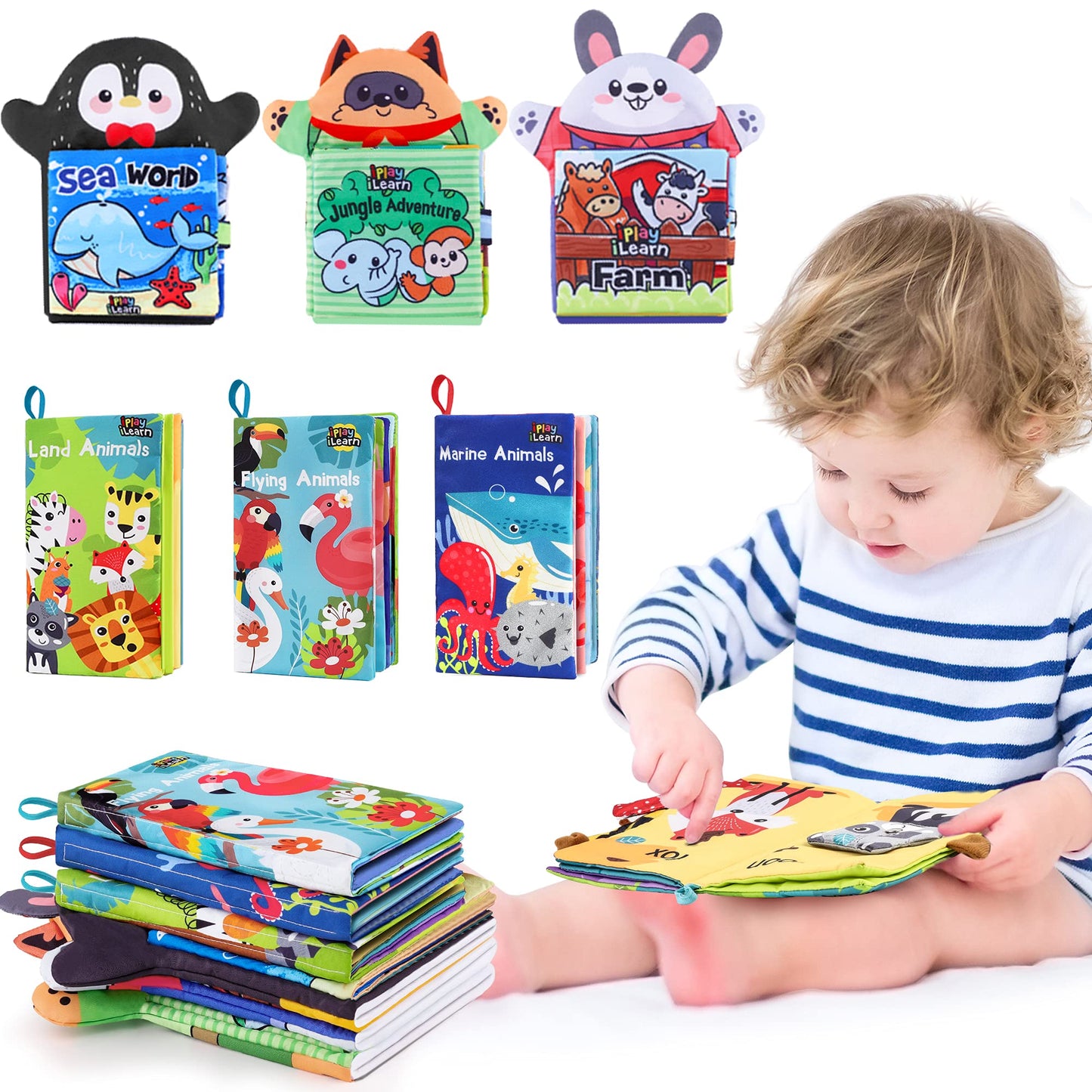 Iplay, Ilearn Soft Baby Books 1 Year Old, Babies Animal Cloth Book 6-12 Month, Infant Touch Feel Crinkle Book, Toddler Carseat Crib Bedtime Toy, Newborn Stocking Stuffer Gift 9 18M 2 3 Yr Kid Boy Girl