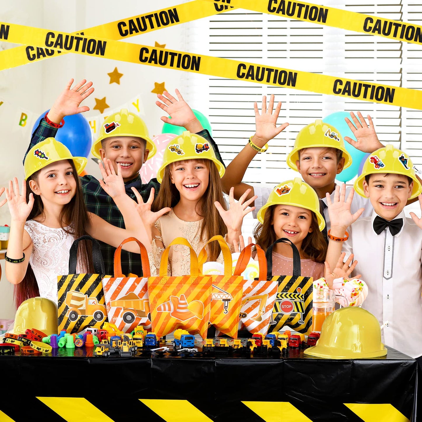 Sratte 148 Pcs Construction Birthday Party Supplies Include 12 Construction Hats, 24 Truck Toys, 12 Vehicle Stickers, 12 Silicon