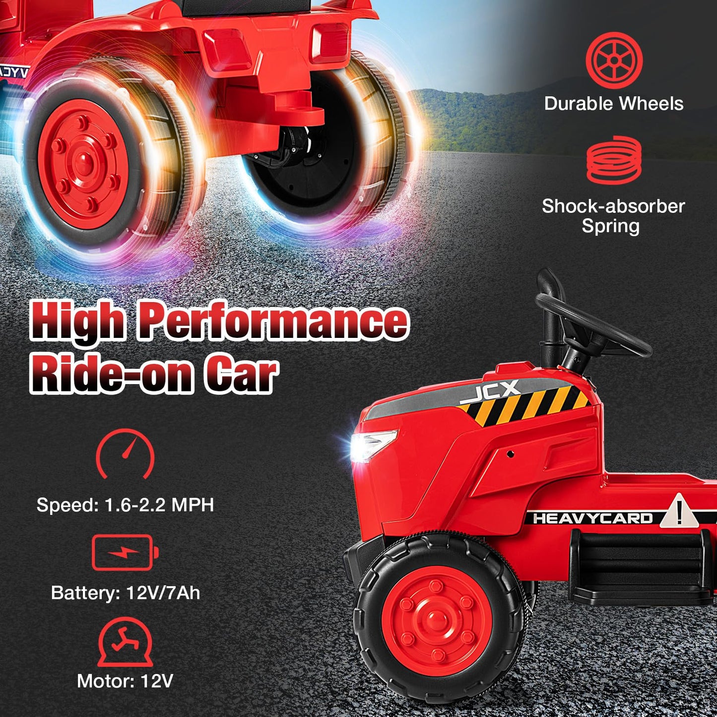 Costzon 2-In-1 Ride On Tractor, 12V Kids Ride On Car W/Detachable Trailer, Remote Control, Wireless Connection, Horn, Music/Lights/Spring Suspensions, Tractor Toys For Kids (Plastic Tires, Red)