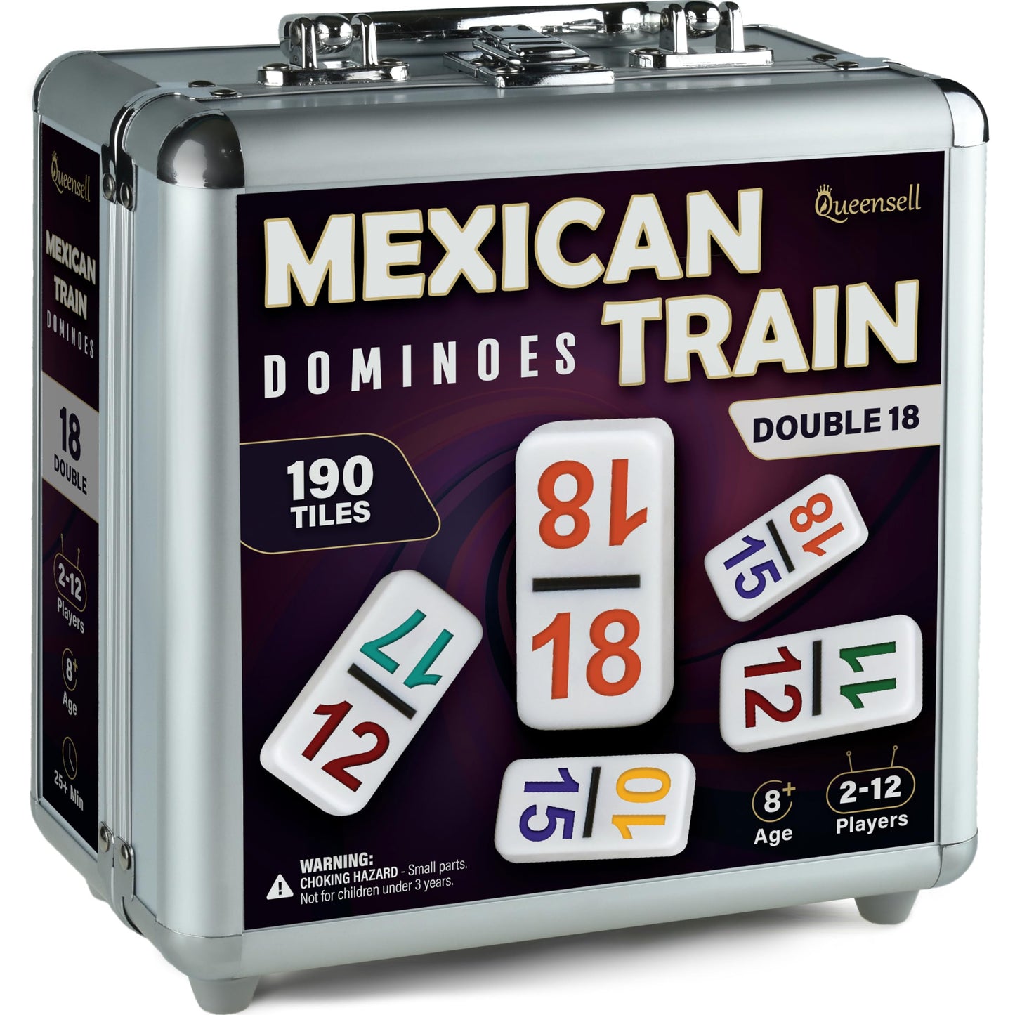 Queensell Mexican Train Dominoes Set With Numbers - Double 18 Dominos Set For Adults And Kids - Mexican Dominoes Train Game Night Games For Adults With Wooden Hub And Aluminum Case