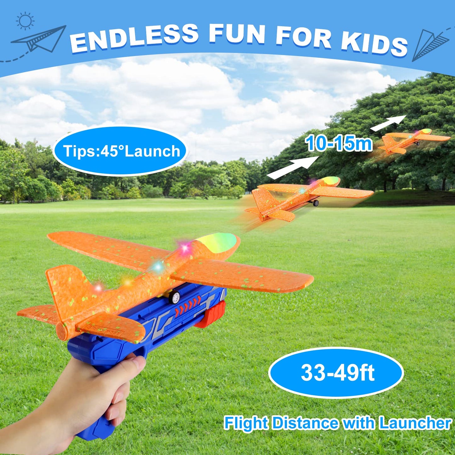 Fuwidvia 3 Pack Airplane Launcher Toys, 2 Flight Modes Led Foam Glider Catapult Plane Toy For Boys, Outdoor Flying Toys Birthday