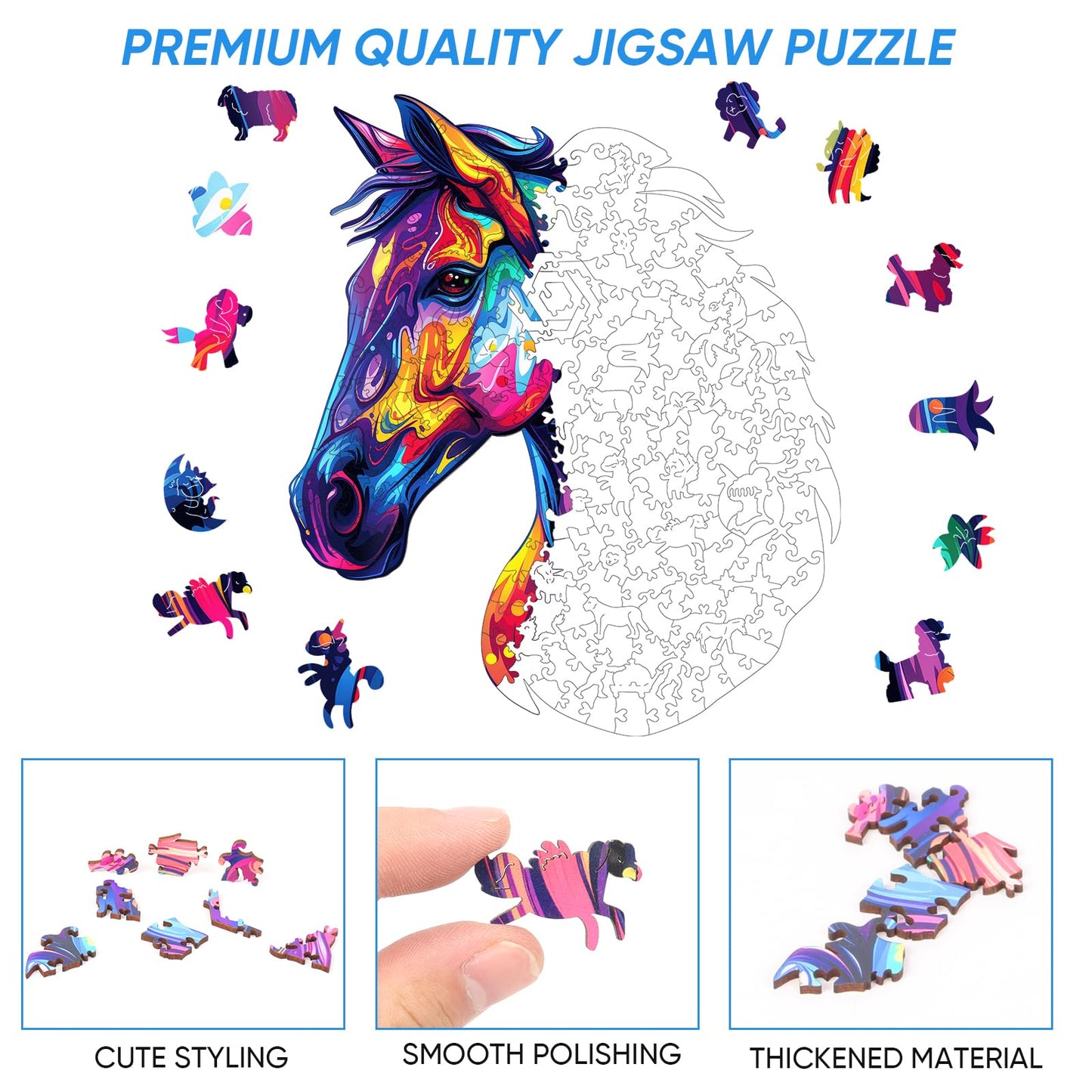 Horse Head Wooden Puzzle for mature-themeds Horse Wooden Jigsaw Puzzles(15.8 * 18.3in-500pcs) Unique Shape Animal mature-themed Puzzles Irregular Wood Puzzles Best Gift for mature-themeds and Kids Family Game