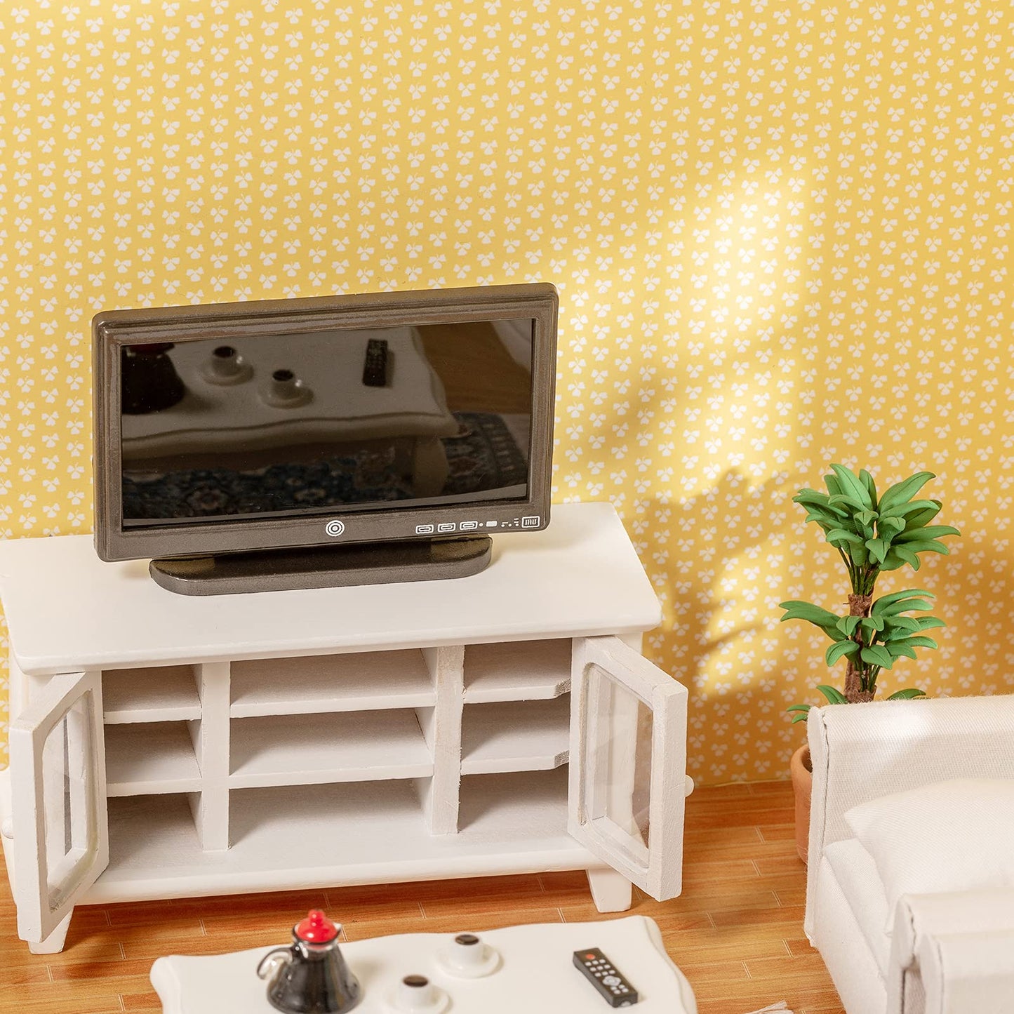 Samcami Miniature Dollhouse Furniture 1 12 Scale - Wooden Dollhouse Furniture Set For Dollhouse Living Room - Doll House Furniture Incl Sofa, Tv Cabinet, Coffee Table And Other Accessories (White)