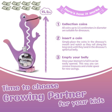 squacco Dinosaur Piggy Bank Boalord for Girls Boys Kids Big Animal Personalized Wooden Coin Bank Money Saving Box for Children mature-themed Best Toy Gift(Dino -Purple)