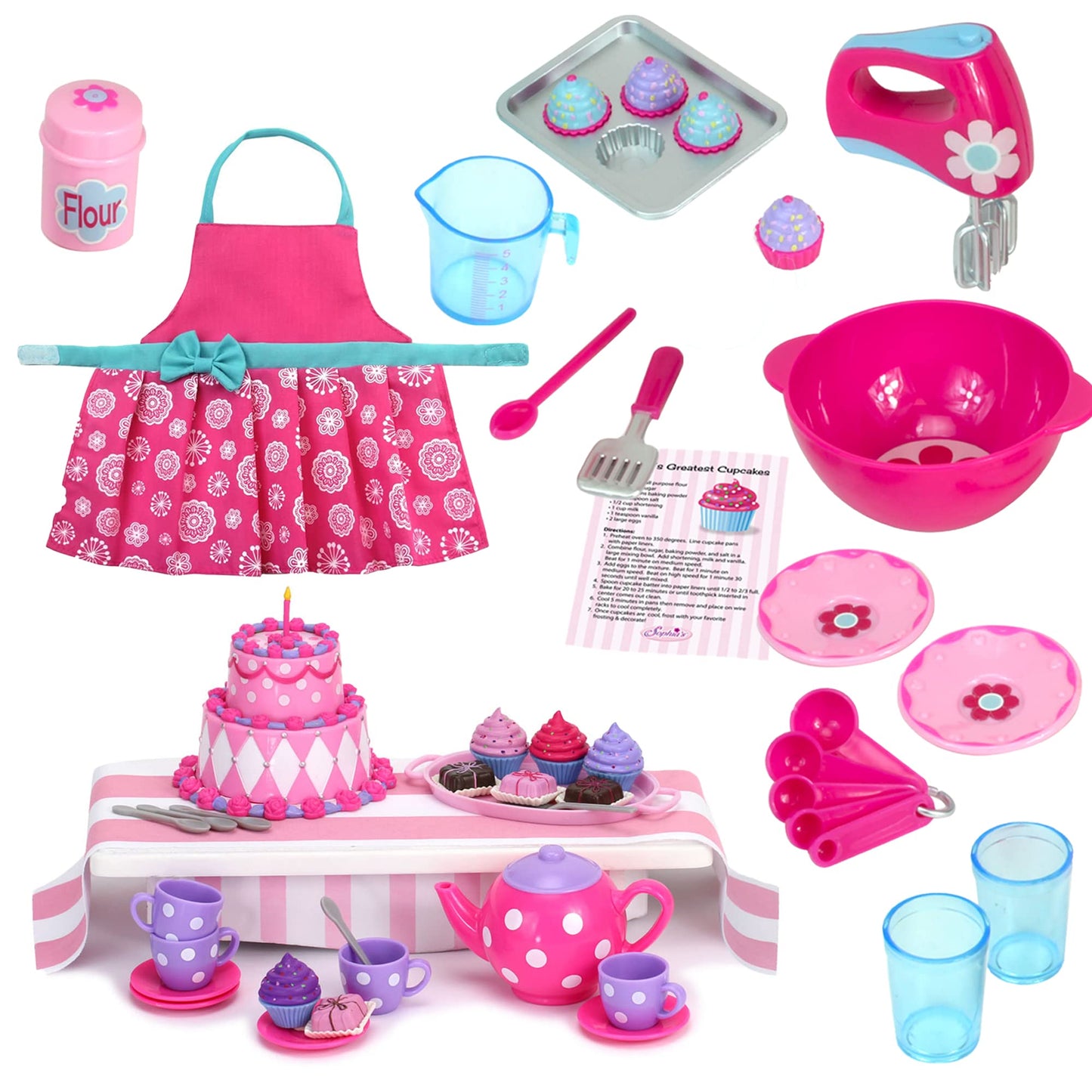 Sophia'S Complete Cake & Tea Party Accessories Set With Teapot, Teacups, Utensils, Pretend Dessert And Drinks For 18' Dolls, Pink/Purple