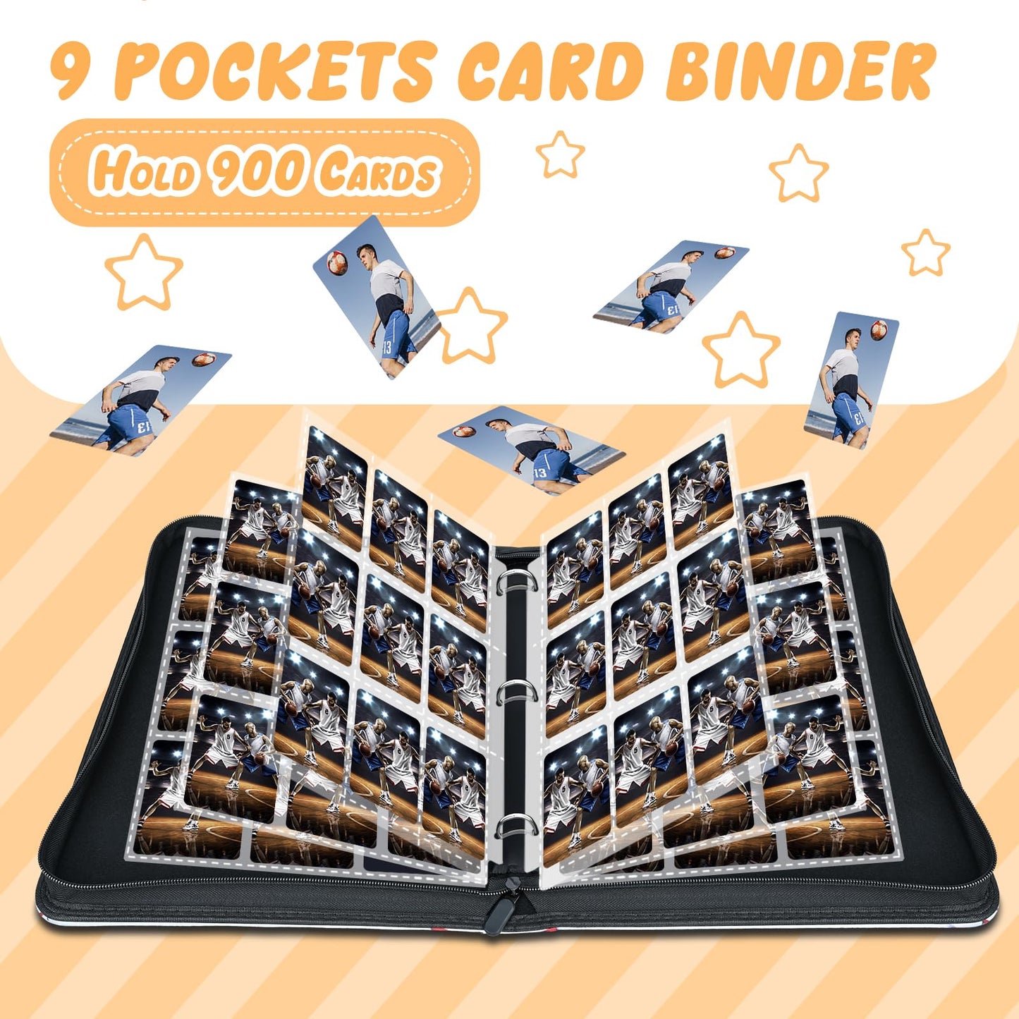 9 Pockets Trading Card Binder With 900 Double-Sided Pockets, Pu Zipper Top Loader Binder With 50 Removable Sleeves For Basketbal