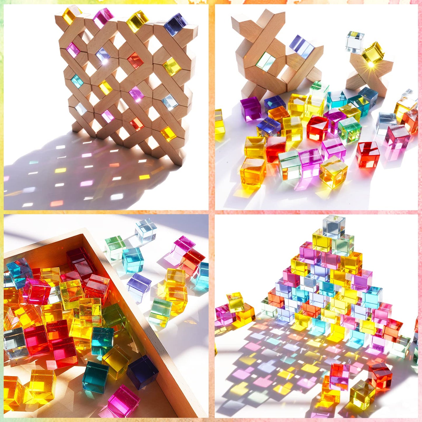 Agirlgle Wooden Rainbow Building Blocks Cube Gem Stacking Blocks Toy - Colorful Montessori Rainbow Stacker Toy Elegant Wood Rainbow Cube Blocks- Acrylic Blocks Educational Toys For Toddlers- 80Pcs