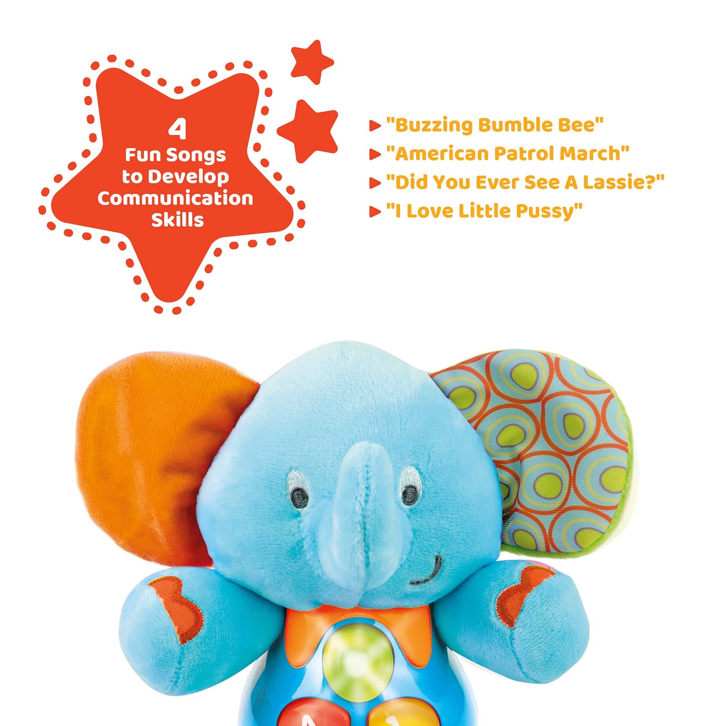 Kiddolab Plush Elephant Baby Toys - Musical Stuffed Animals With 3 Light-Up Buttons, 4 Children'S Nursery Songs & Sound Effects - Soft Learning Toy For 3 Months & Olds Infants, Babies & Toddlers