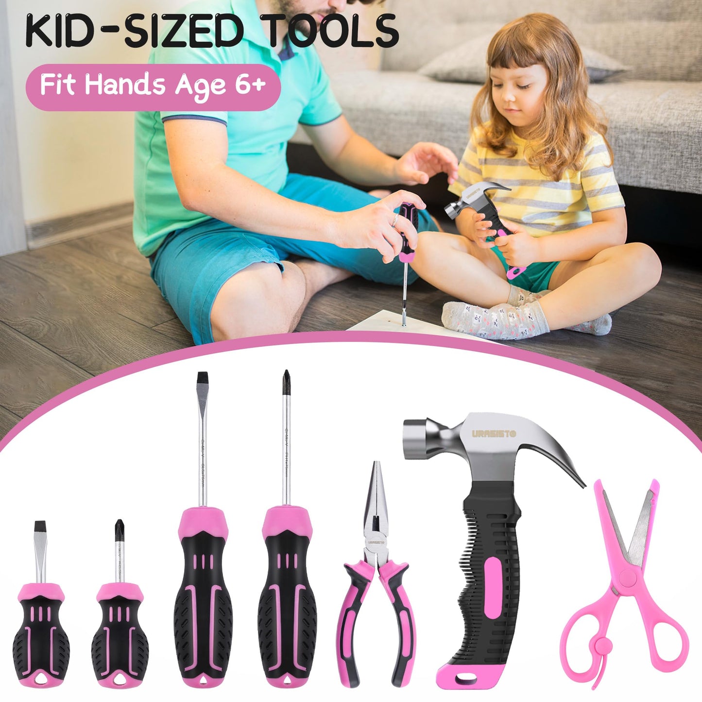 URASISTO 22-Piece Kids Tool Set with Tool Storage Bag, Pink Junior Real Hand Tool Kit for Boys & Girls, Children Learning Tools