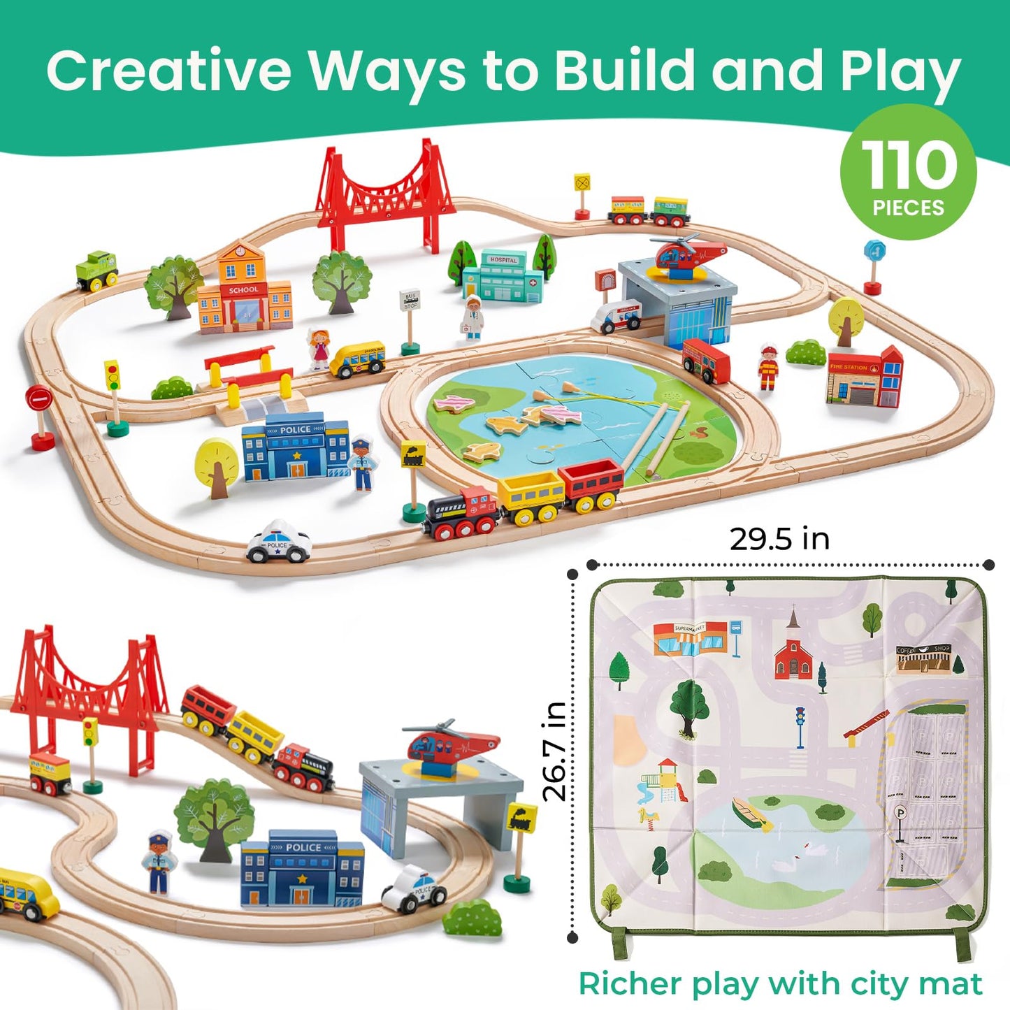 Tiny Land 110pcs Wooden Train Set with Folding Storage Box, Wooden Train Track Toy for Boys & Girls, Age 3-7, Includes Convenien