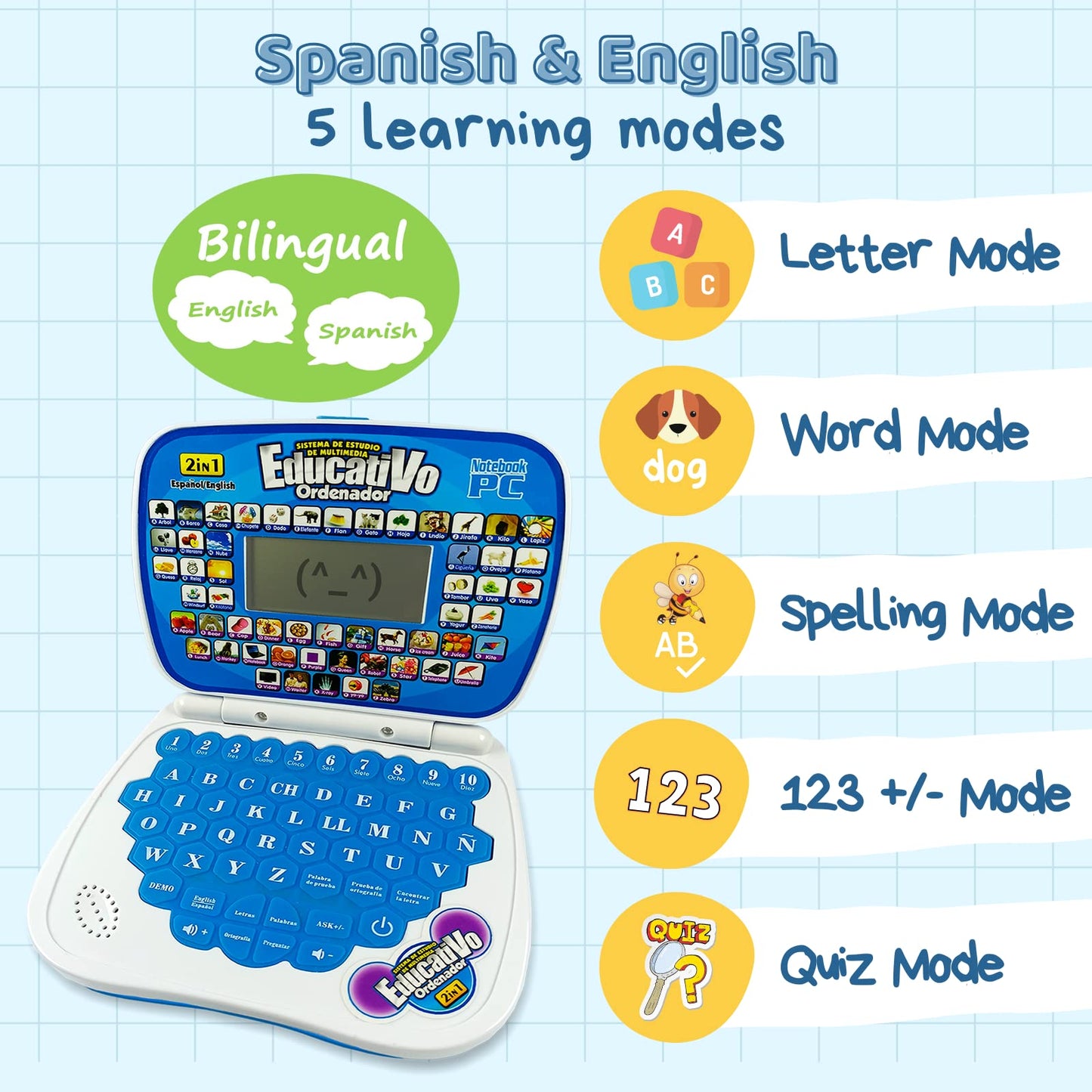Zeenkind Spanish & English Small Talking Laptop Toy For Kids 2 3 4 Years Old, Learn Spanish Alphabet Numbers Words Spelling Math, Interactive Bilingual Learning Laptop Toys For Toddlers