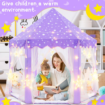 Evoionos Purple Princess Tent For Girls, Kids Play Tent With Large Star Lights, Castle Playhouse For Children Indoor Outdoor Gam