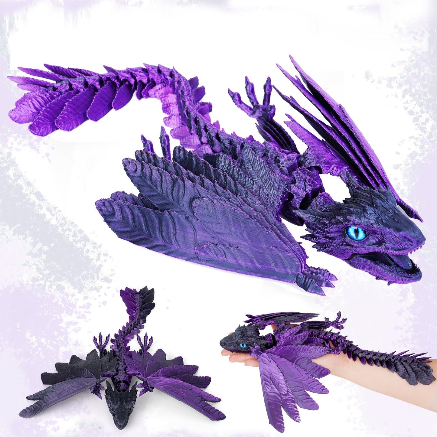 Shuwnd 3D Printed Dragon With Wings, Feathered Wyvern Dragon,Full Articulated Crystal Flying Dragon,Realistic Large Pet Dragon, Flexible Shoulder Dragon Stuff 3D Printed Animals Toy (Purple Black)