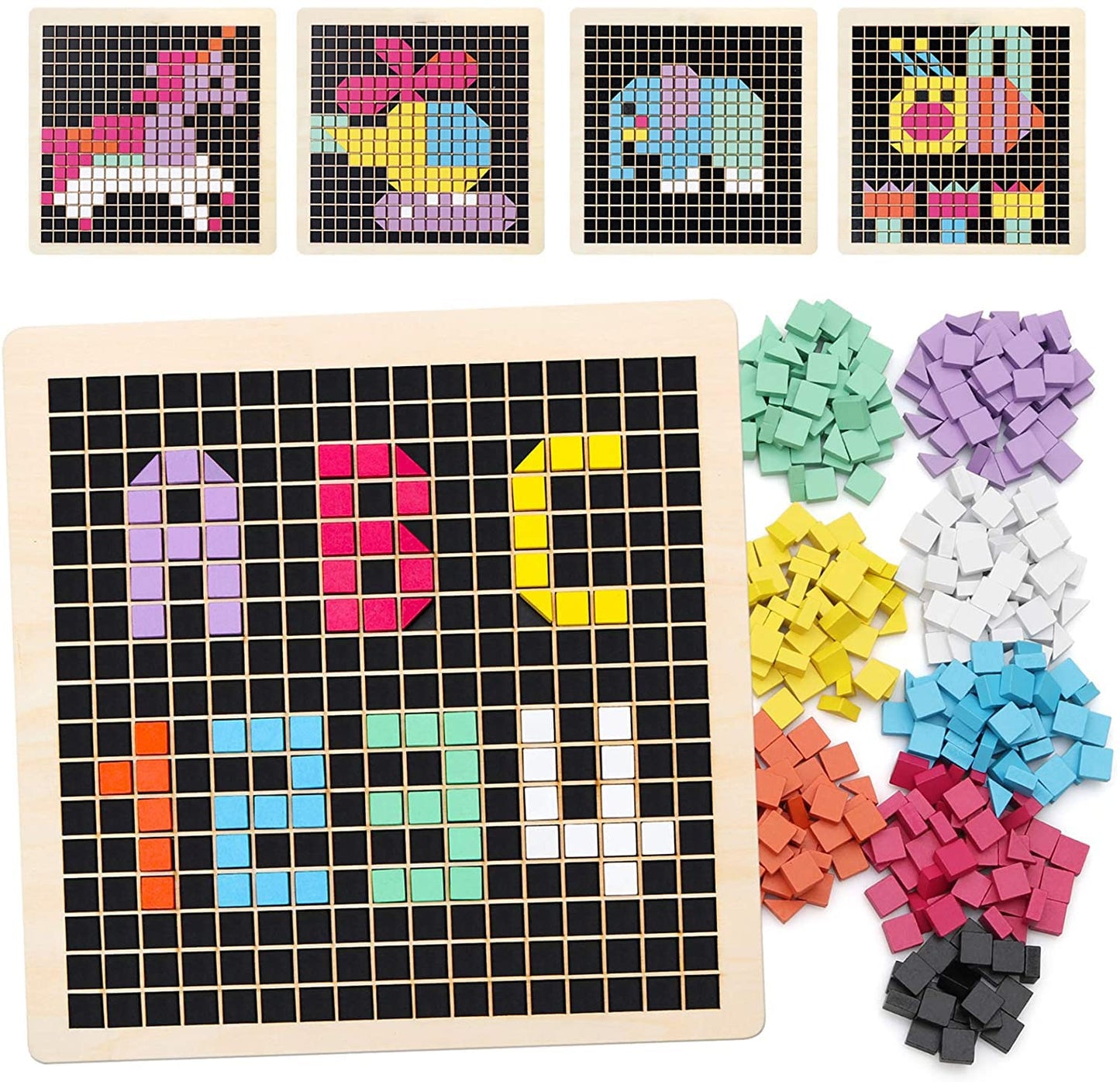 Coogam Wooden Mosaic Puzzle - 370PCS Colorful Shape Blocks, Montessori STEM Toy for Kids Ages 4-7, Small Pixel Board Game