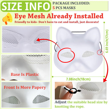 5PCS Therian Cat Mask- Eye Mesh Pre Installed, Plastic Animal Mask Base to Painted DIY for Furry Masquerade Cosplay Props Costum