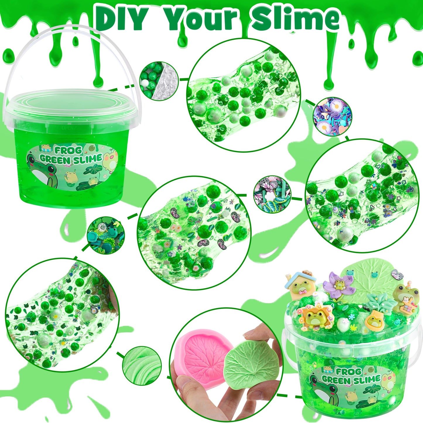 Lawoho Frog Clear Slime 300Ml, Green Clear Slime Kit For Girls Ages 8-12 With 8 Packs Slime Add-Ins, Slime For Kids Party Favors, Non Stick Slime With Clay, Birthday Halloween Christmas Easter Gifts