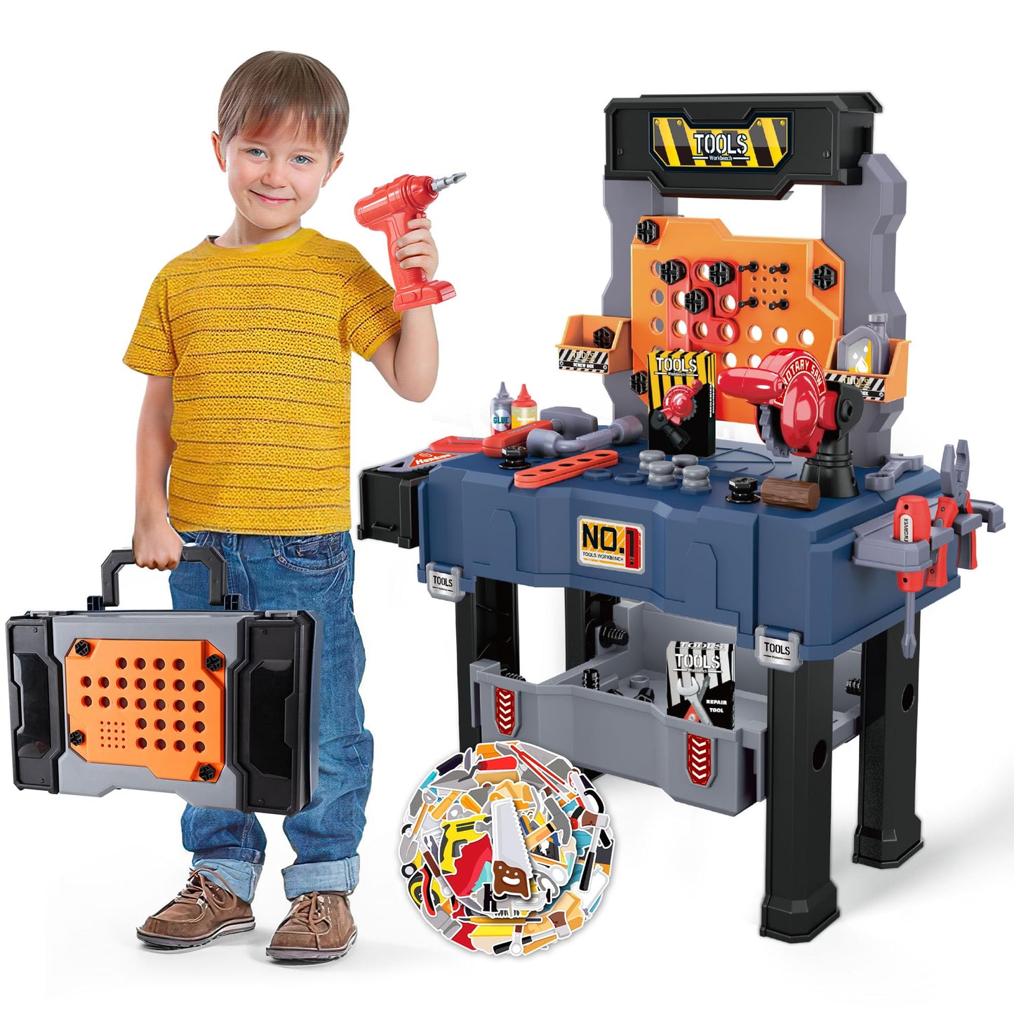 Kids Tool Bench, Kids Tool Set 118 Pieces with Realistic Tools, Electric Drill and Kids Tool Stickers, Toddler Workbench Pretend