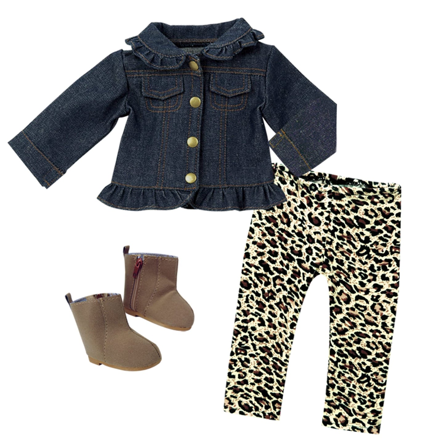 Sophia'S Ruffle Denim Jean Jacket, Animal Print Leggings, And Brown Suede Ankle Boots With Zipper Outfit 3 Piece Set For 18' Dolls, Brown