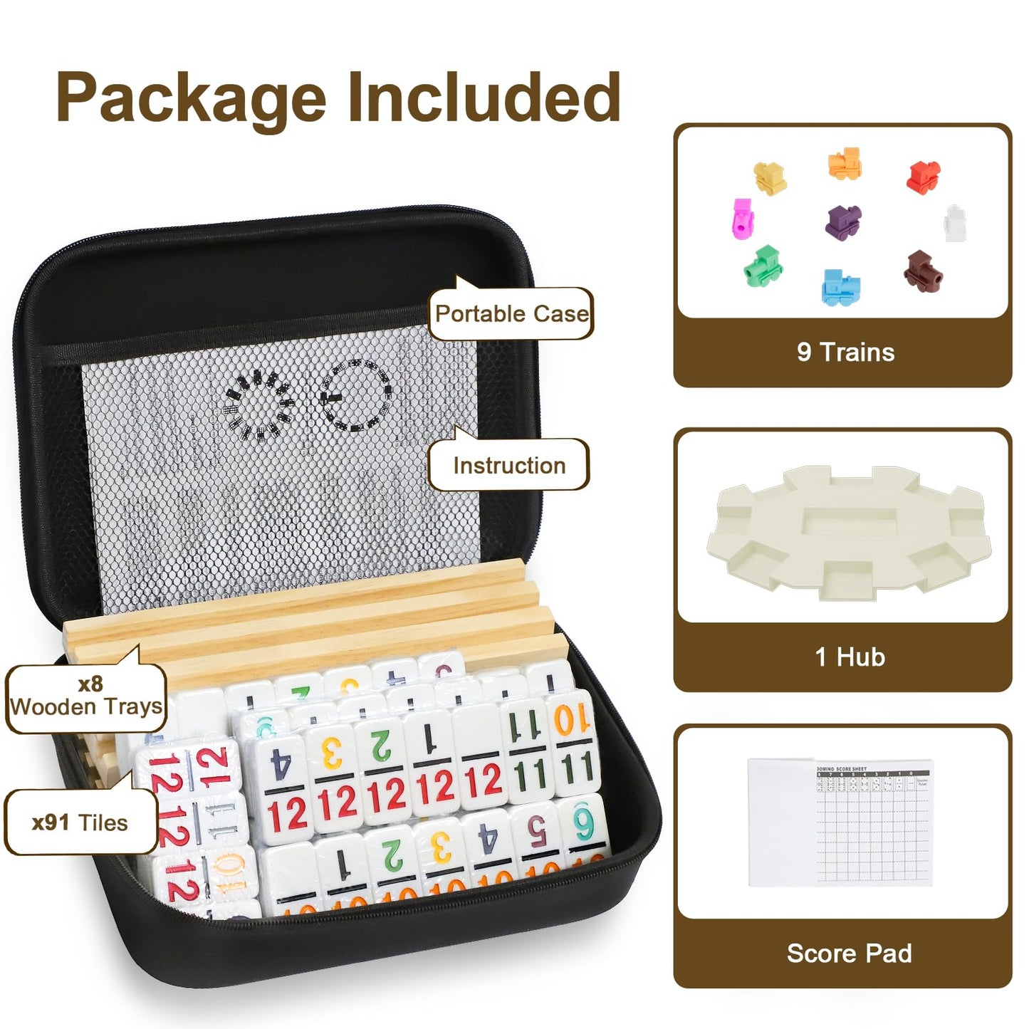 Mexican Train Dominoes Set With Numbers And 8 Wooden Trays/Racks, Double 12 Dominos Travel Set With 8 Tiles Holders, 91 Tiles Double 12 Colored Dominoes Game Set With Portable Case For Families Kids
