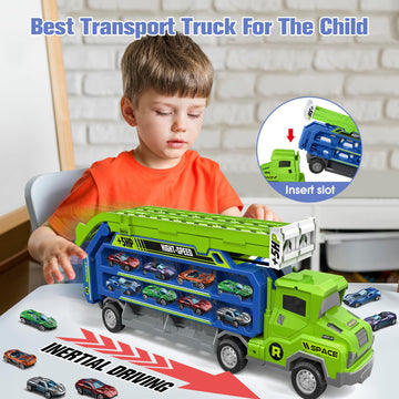 Kids Toys for 2 3 4 5 6 7 8 Years Old Boys, Carrier Truck Transport Car Toys, Foldable 2 Layer Car Race Track Playset with 46-in