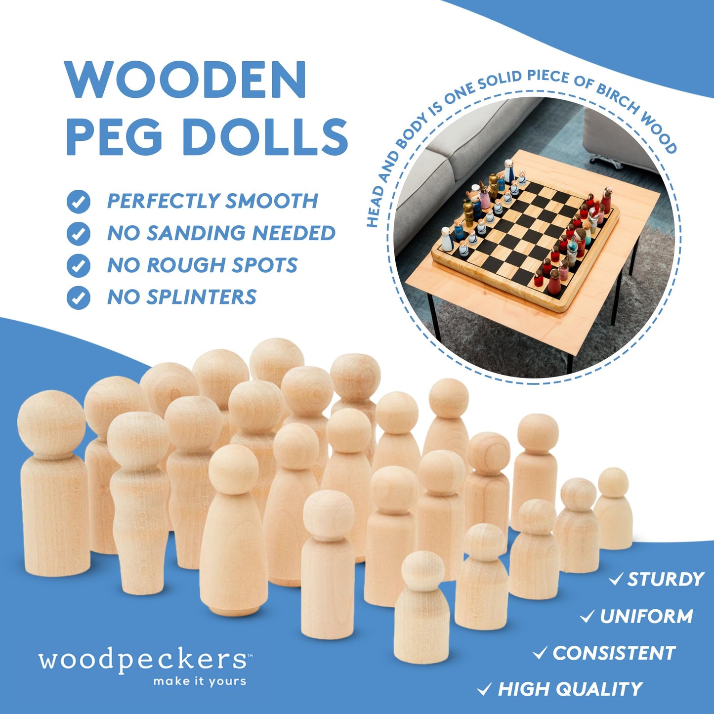 Tiny Peg Doll 1-3/8 Inch Pack Of 50 Peg People For Crafting And Nativity Set, Loose Parts Play Unfinished Wooden Peg Baby, By Wo