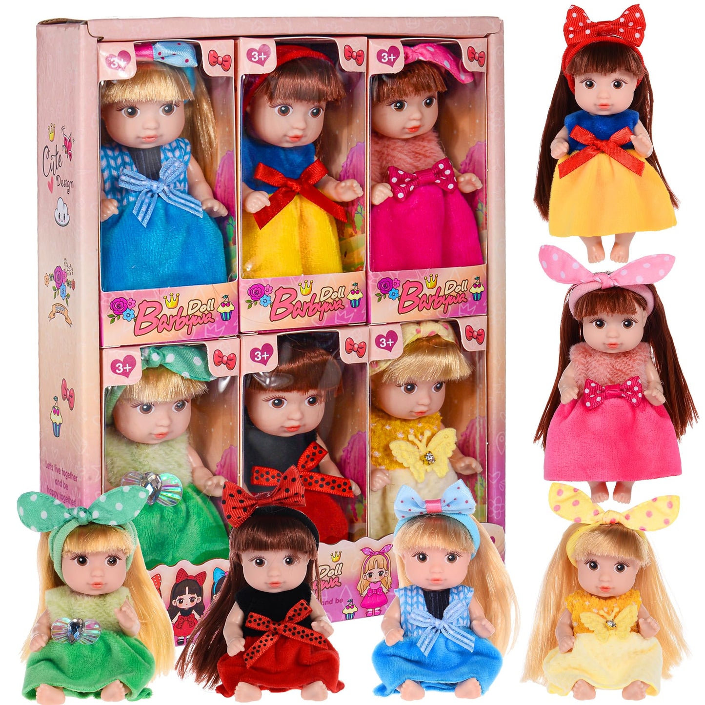 dollbie 6 Pack 4 Inch Mini Fashion Doll Collection - 6 Unique Stylable Hair Dolls with Rotatable Limbs & Cute Outfits | Collecti